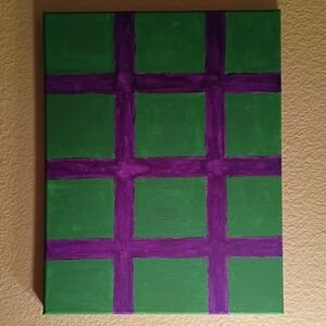 Handpainted Green Purple Abstract Grid Canvas Wall Art 11x14 Modern Decor